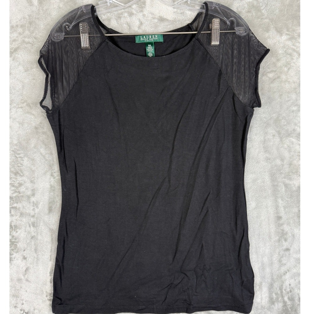 Lauren Ralph Lauren Petite Black Sheer Mesh Sleeve Boat Neck Top Petite Medium